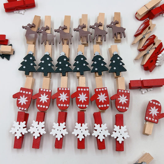 Christmas Wood Clips - Snowflake & Deer Photo Clips for Tree Decor