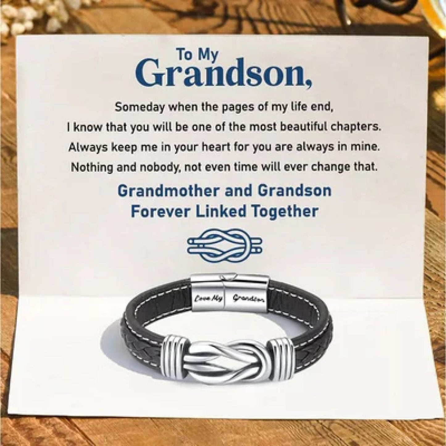 Braided Leather Bracelet - "Grandmother and Grandson Forever Linked Together"