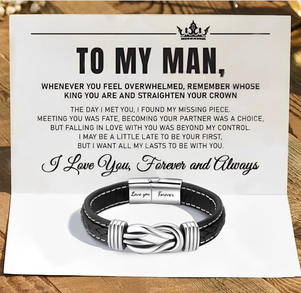 Braided Leather Bracelet - To My Man - "I Love You Forever and Always"