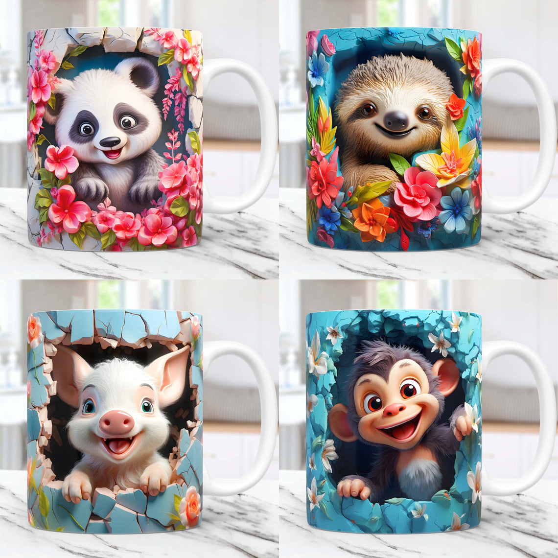 3D Animal Mug – Panda, Sloth & Monkey Ceramic Tea Cup