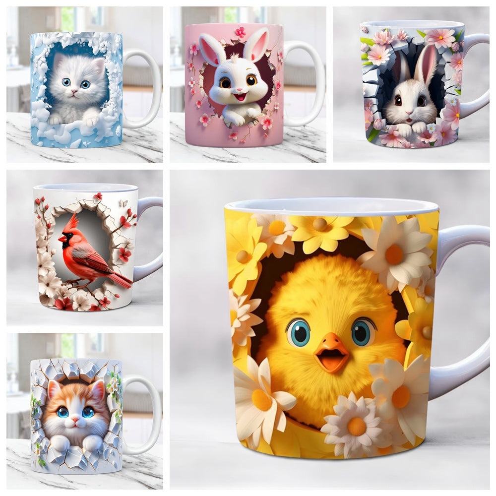 11oz 3D Animal Mug – Cat, Rabbit & Bird Ceramic Coffee Cup