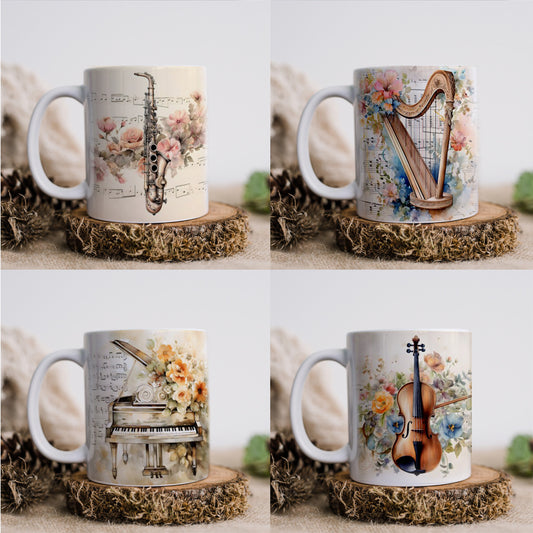 3D Music Mug – Violin, Piano, Harp & Saxophone