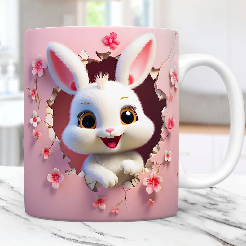 11oz 3D Animal Mug – Cat, Rabbit & Bird Ceramic Coffee Cup