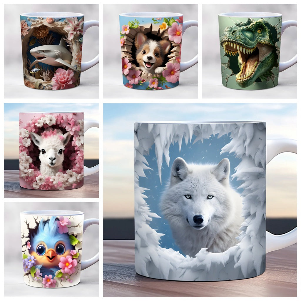 3D Animal Mug – Snow Wolf, Dino, Alpaca & Frog