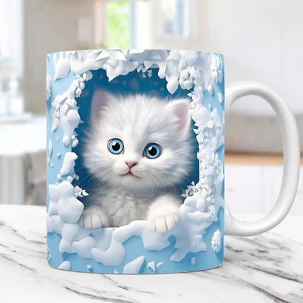 11oz 3D Blue Cat Mug – Cat, Rabbit & Bird Ceramic Coffee Cup